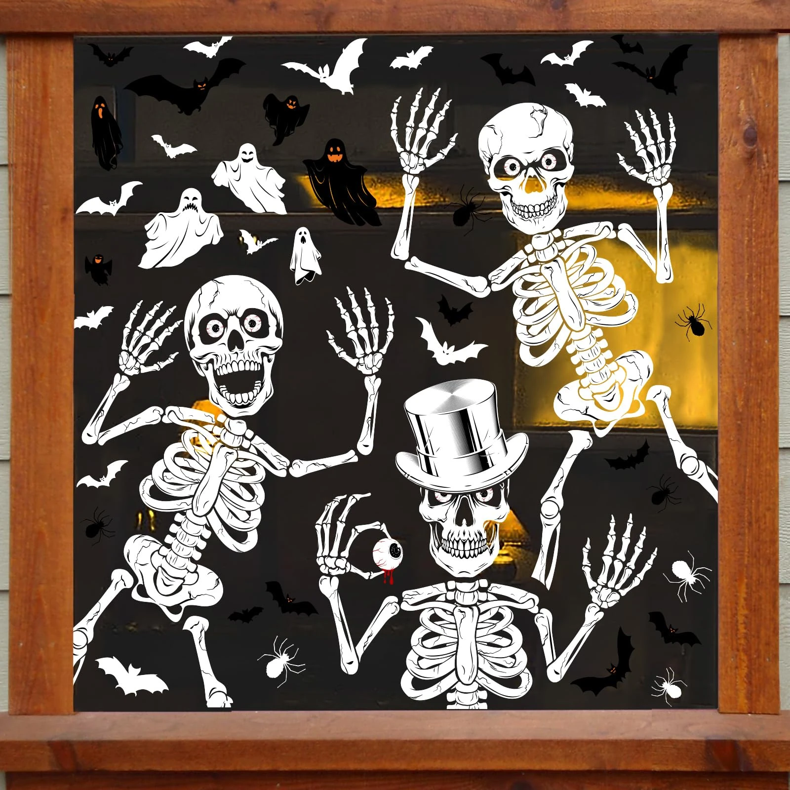 AMLOOPH Halloween Decorations Window Stickers, 10 Sheets Reusable Window Clings - 3 Large Skeleton Stickers + Small Bat Spider Ghost Decals Design for Halloween Window Decorations Indoor
