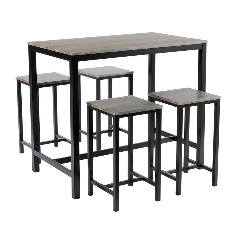 Home Source Kitchen Dining Breakfast Bar Set, Wooden Table Top, Black Metal Frame, Grey, 4 Barstools