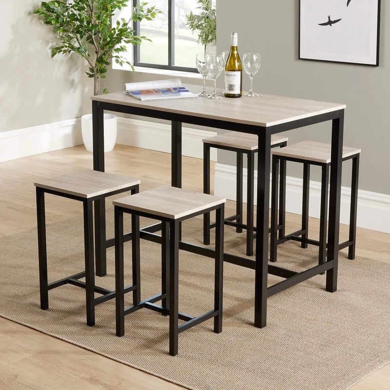 Home Source Kitchen Dining Breakfast Bar Set, Wooden Table Top, Black Metal Frame, Light Oak Effect, 4 Barstools