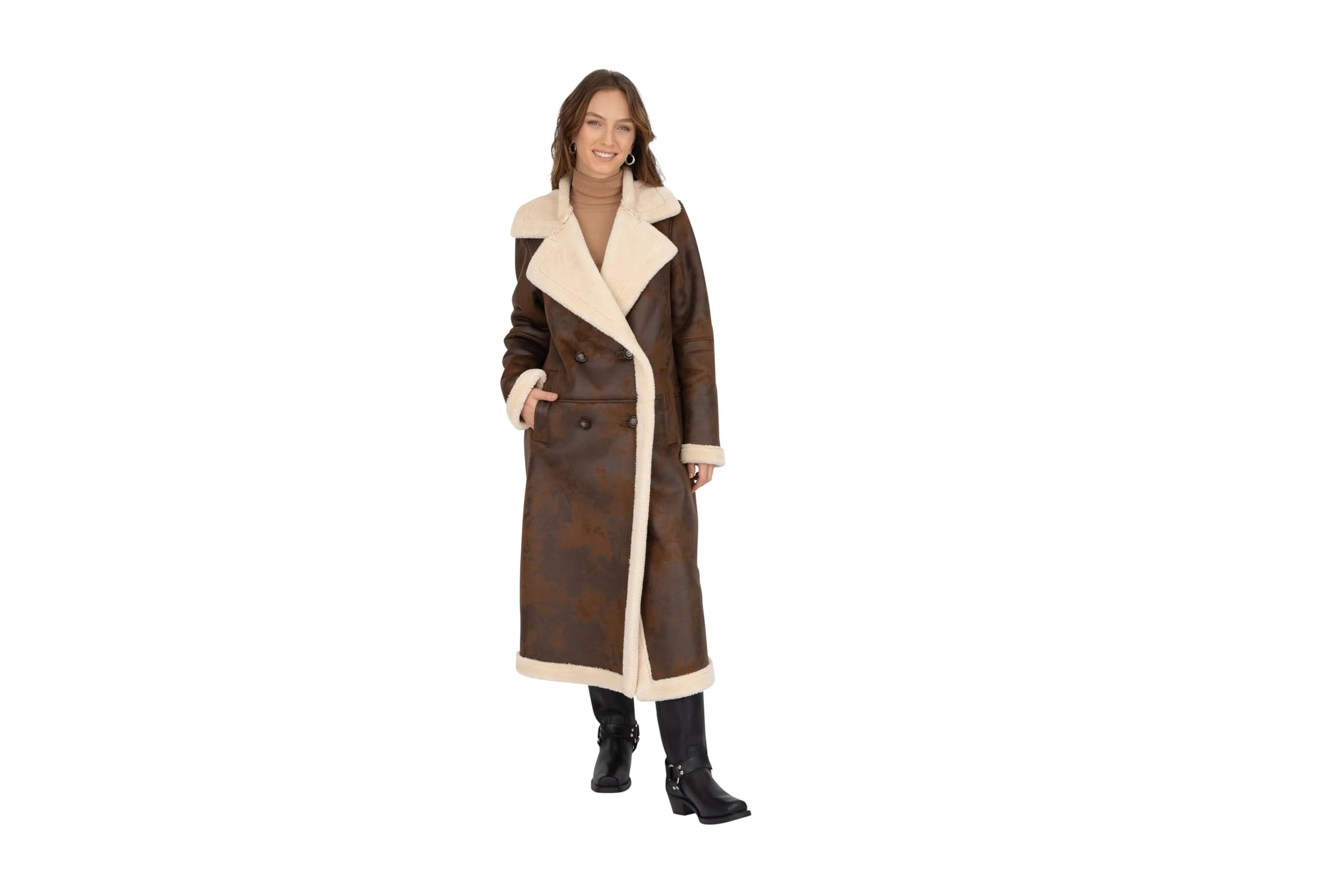 Frye Women's Faux Shearling Maxi Double Breasted Coat, Brown, M