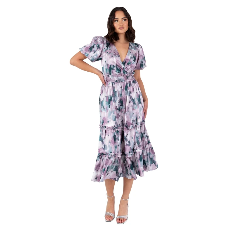 Lovedrobe Women's Midi Dress V-Neck Short Puff Sleeve Wrap Shirred Waist Floral Print Ruffle Fit and Flare Wedding Guest, Purple 48, Purple, 22