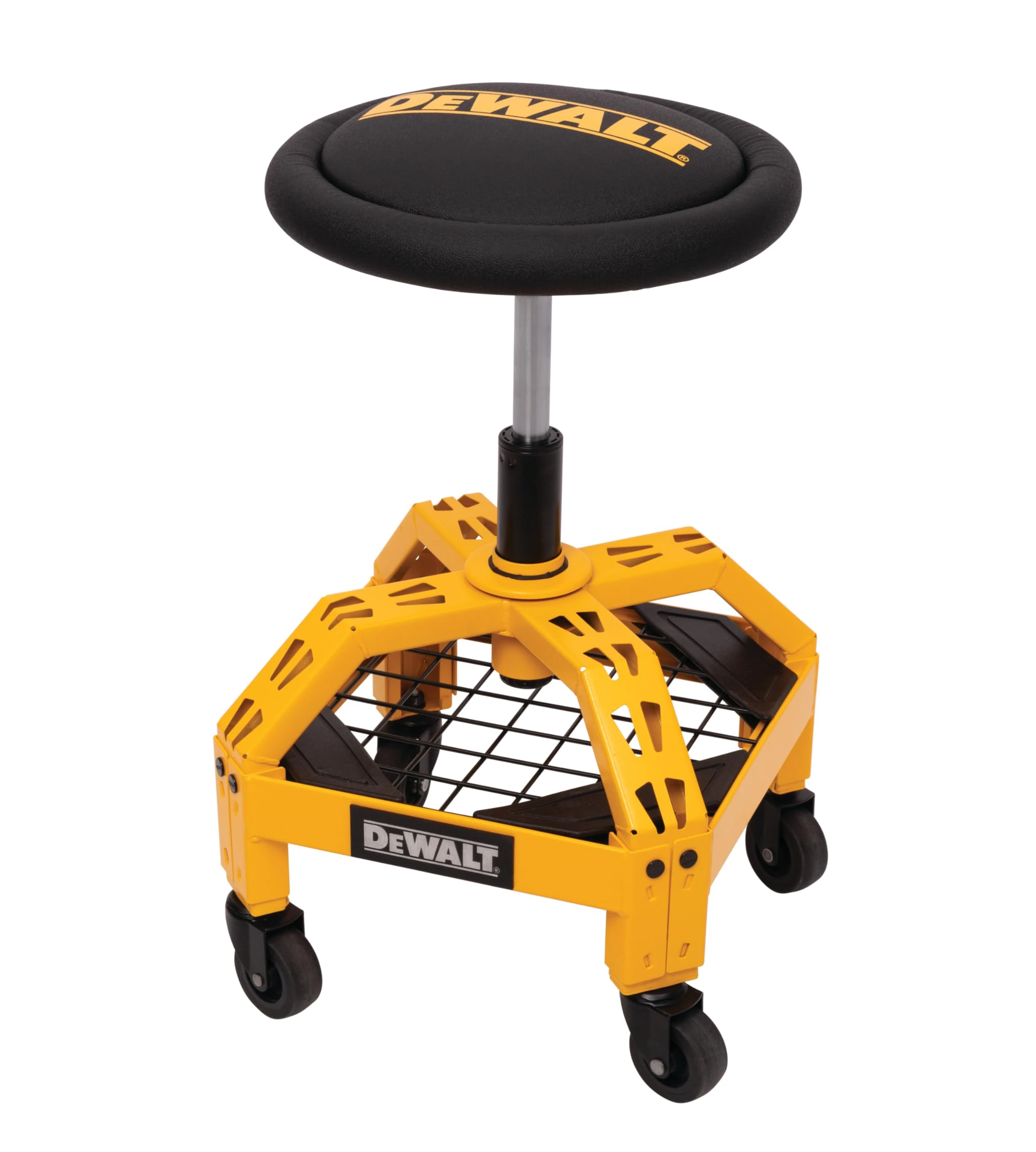 DEWALT Padded, Rolling Shop/Garage Stool, 360-degree Swivel Seat, Durable Steel Frame, Adjustable (DXSTCS025)