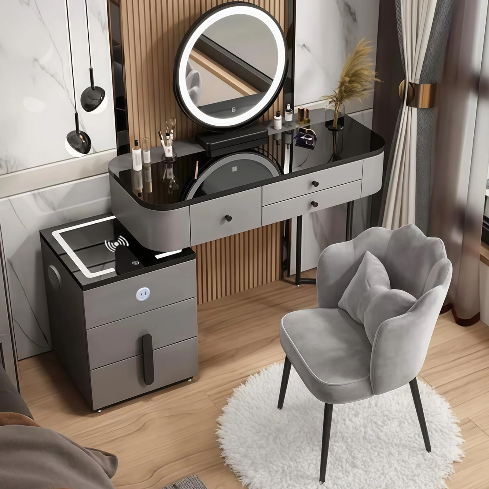 MJKCBD Dressing Table with LED Lights Mirror - Grey Vanity Makeup Table Set with Bluetooth Speaker & USB/Wireless Charging, 5 Drawers and Cushioned Stool (Table+Chair+Cabinet) 39.4″