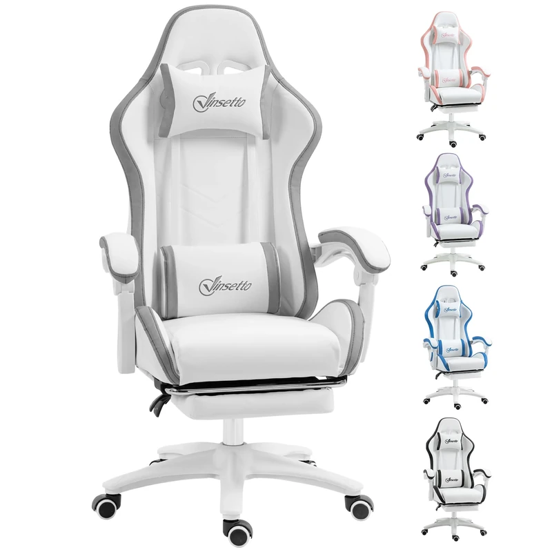 Vinsetto Computer Gaming Chair, PU Leather Office Desk Chair with Footrest, Swivel Wheels, 135° Reclining Back, Lumbar Support, Headrest for Home, White and Grey