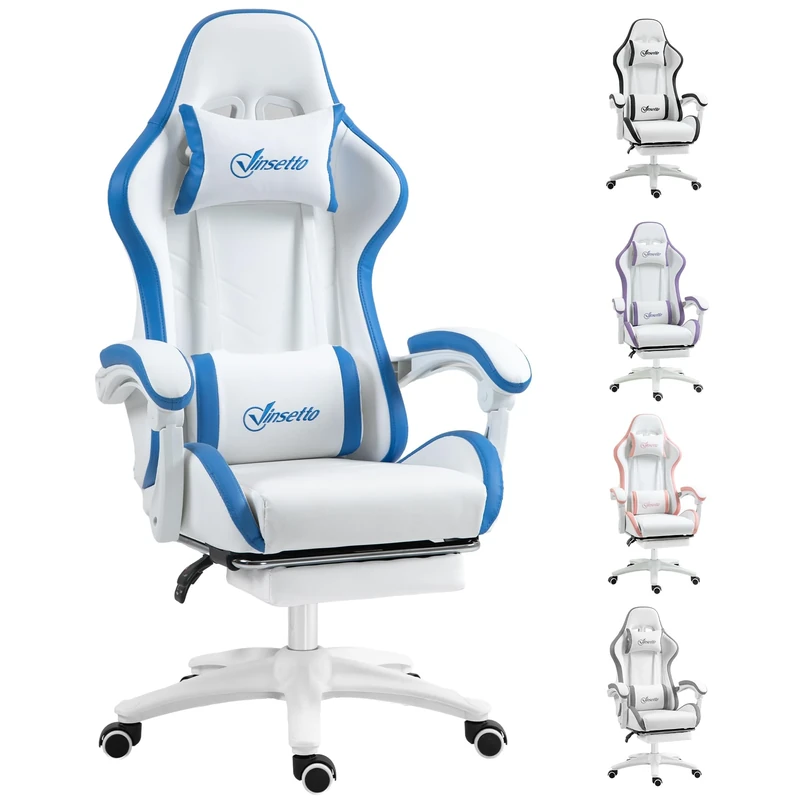 Vinsetto Computer Gaming Chair, PU Leather Office Desk Chair with Footrest, Swivel Wheels, 135° Reclining Back, Lumbar Support, Headrest for Home, White and Blue