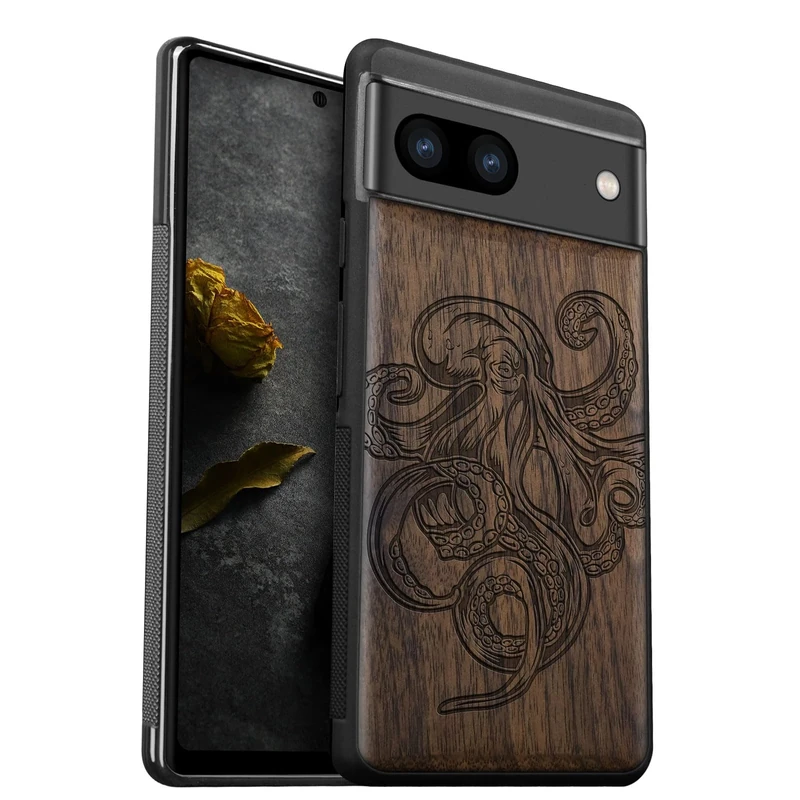 Carveit Wood Case for Pixel 8a [Natural Wood & Black Soft TPU] Shockproof Protective Cover Unique Wooden Compatible with Google Pixel 8a (Octopus Drawing-Walnut)