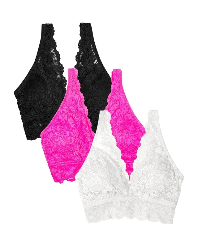 Smart & Sexy Women's Signature Lace Deep V Neck Wireless Bralette Plunge Bra, Semi-Sheer, Multi, S (Pack of 3)