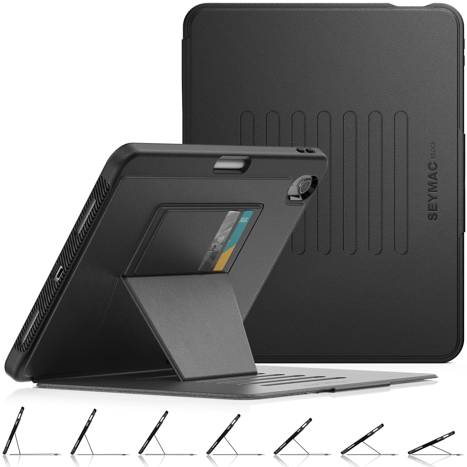 SEYMAC stock for iPad Air 11 inch Case 2024/2025 (M2/M3), Shockproof Cover with Pencil Holder, [Multi-angle] Magnetic Stand & Card Slot, Auto Sleep/Wake Smart Case for iPad Air 6th/7th Gen, Black