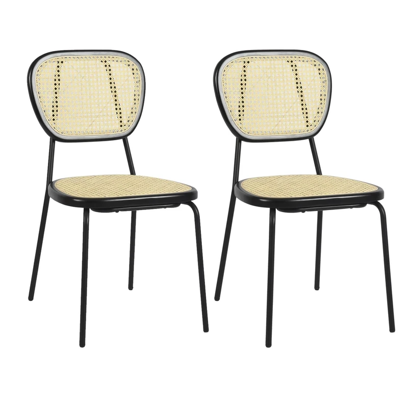 39F FURNITURE DREAM Set of 2 Scandinavian Dining Natural Rattan Chair and Black Metal Frame, rotten, 45x51x84cm - Image 1