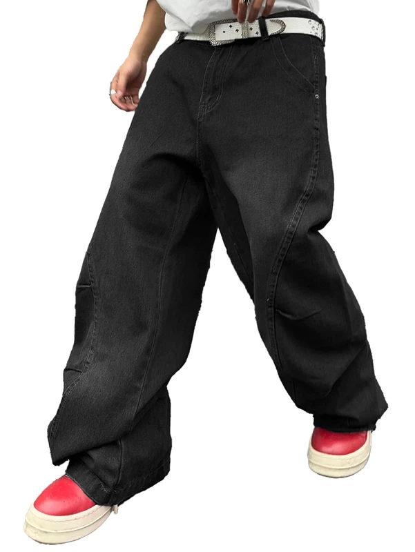 DFGIGT Men's Irregular Sutures Y2k Hip Hop Baggy Jeans Wide Leg Denim Pants Casual Loose Fit Trousers Streetwear, A10 Black, XXL