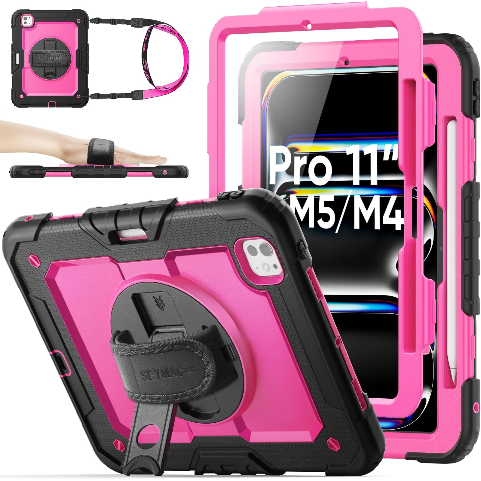 SEYMAC stock Case for iPad Pro 11 inch 2025/2024 (M5/M4), Full-body Shockproof Case with Screen Protector, 360° Rotating Stand/Hand Strap, Pencil Holder & Shoulder Strap for iPad Pro 11 M5/M4, Rose
