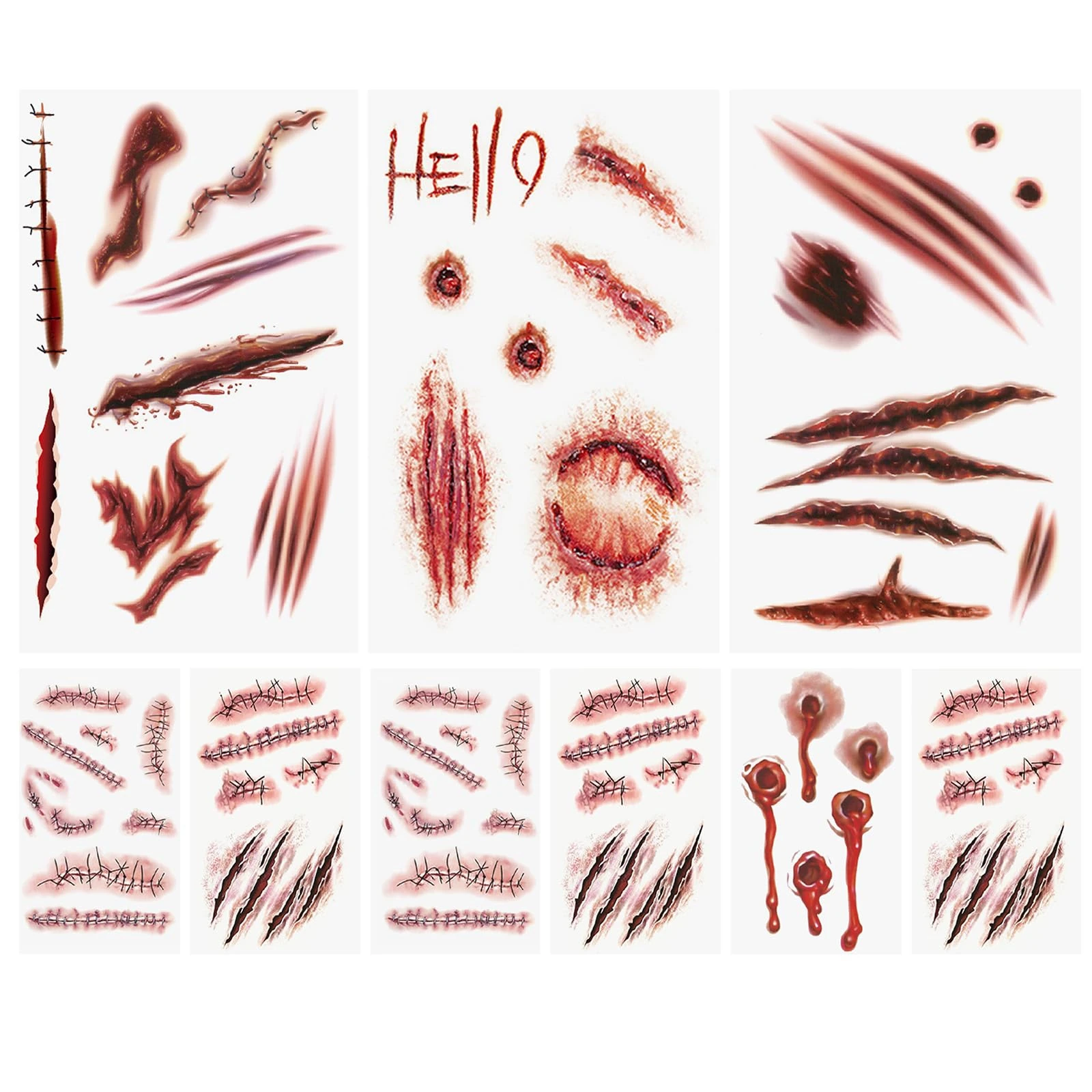 AUXHCYL Halloween Tattoos(9 Sheets),Scar Tattoos Stickers with Fake Scab Blood,Zombie Makeup Halloween Face Stickers,Temporary Tattoos For Men Women