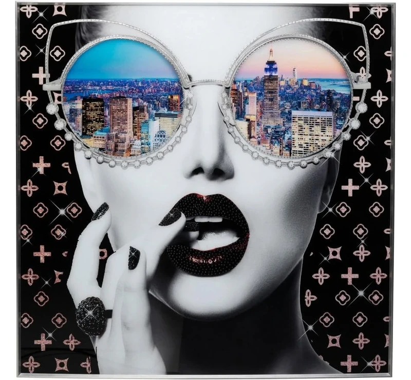 Kare Design Framed Picture NY View, Multicoloured, Square, Elegant Woman, Glitter Wall Art, Modern Design, Decorative Home Accessories for Living Room, Bedroom, 120x120cm (HxW)