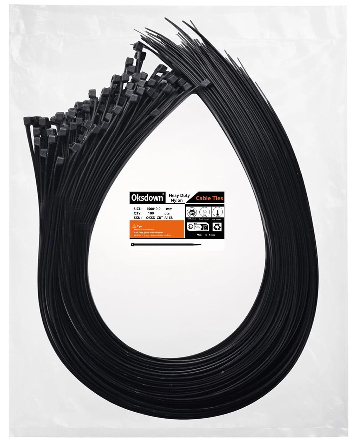 Oksdown 100 Pack Black Thick Cable Ties Heavy Duty Large 1500mm×9.0mm Strong Nylon Plastic Self Locking 60 inch/150 cm Extra Long Zip Tie Wraps