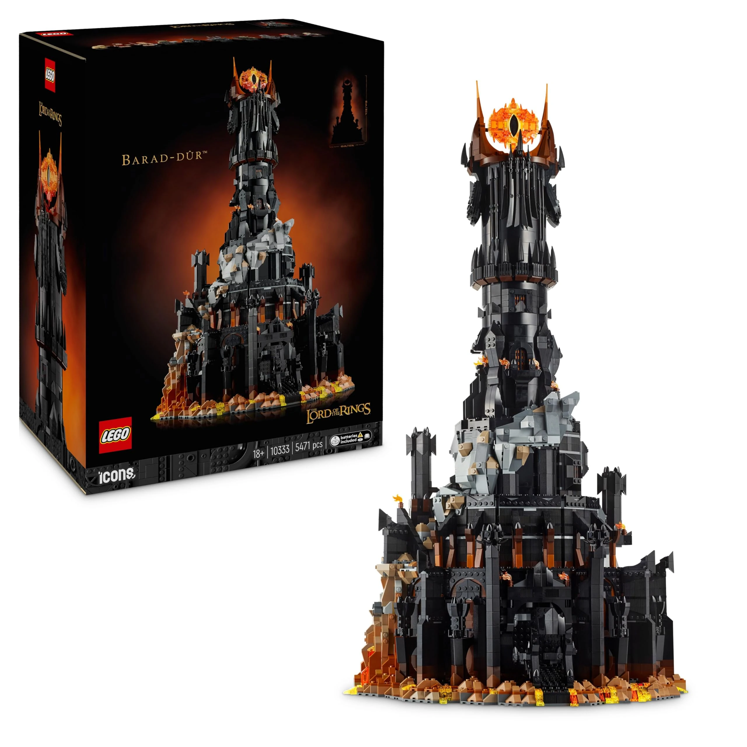 LEGO Icons The Lord of the Rings: Barad-dûr Model, Movie Memorabilia Building Set for Adults, Gift Idea for Men & Women, Includes Sauron, Gothmog, Orc, Frodo, Sam and Gollum Minifigures 10333