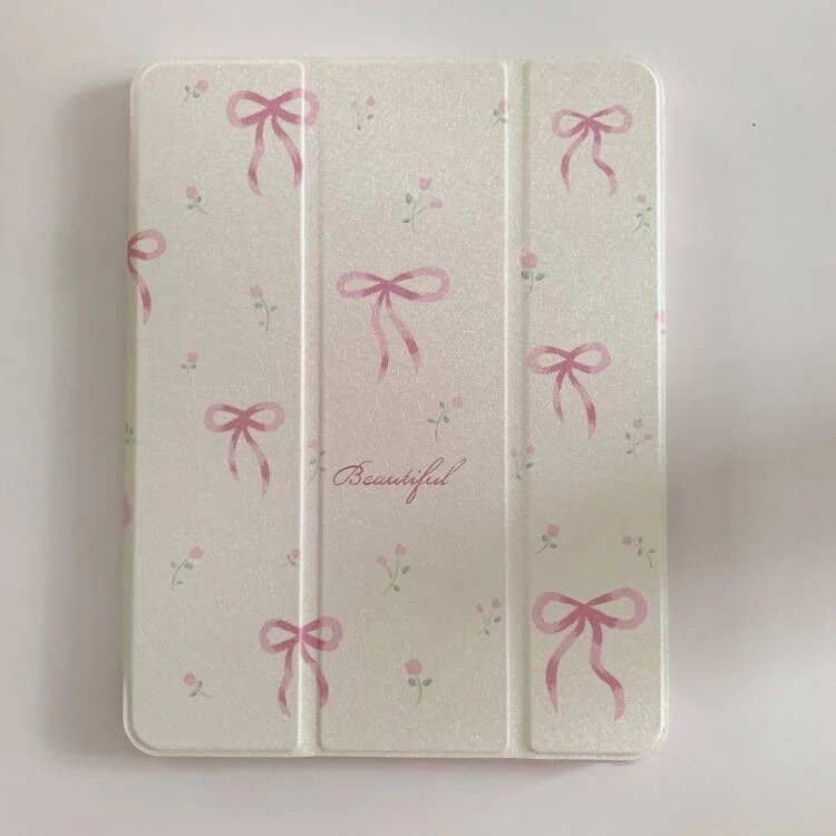 Adjustable Kickstand Mirror Leather Hard Folio Case for Apple Cream White Color Pink Bow Ribbon Beautiful Floral Cute Chic Adorable Lovely Girls Kids (for iPad Pro 12.9-inch 5th Generation 2021)