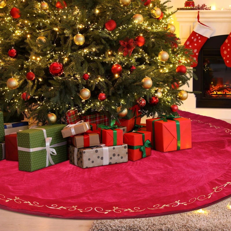 HyDren 72 Inch Velvet Christmas Tree Skirt Christmas Tree Skirt Gold Bronzing Christmas Tree Decorations Vintage Christmas Party Favors Rustic Holiday Decor(Red)