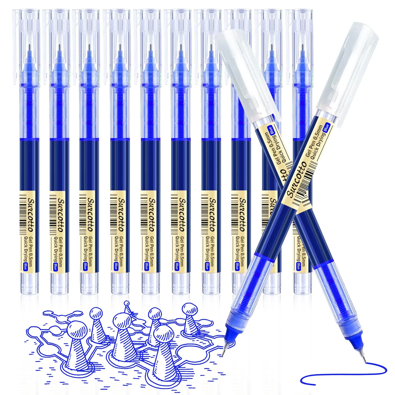 12pcs 0.5mm Blue Gel Ink Pens - Ultra-Fast Drying, Ideal for Writing, Drawing, and Outlining - Suitable for Students and Office Workers
