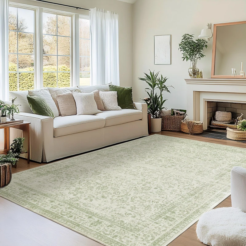 BILEEHOME Sage Green Rug for Nursery Baby Girl,Boho Floral Washable Soft Faux Wool Cottagecore Area Rugs for Living Room Bedroom,5 x7,Light Green