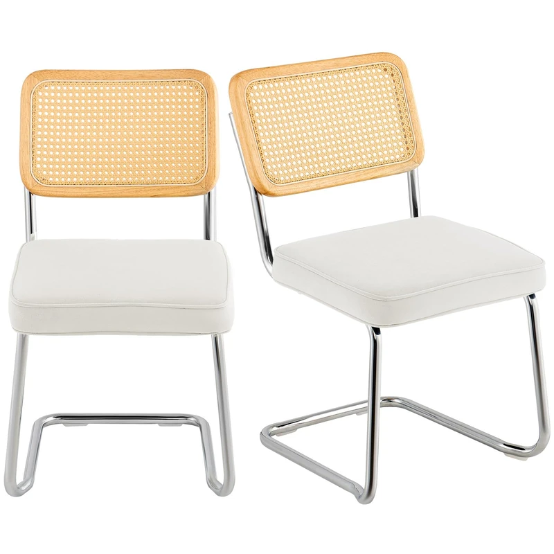 VEVOR Rattan Chairs, Set of 2, Mid Century Modern Dining Chair, Upholstered Velvet Accent Chair with Rattan Back, Retro Dining Room Kitchen Chair for Living Room, Bedroom, Reading Room, Office, White