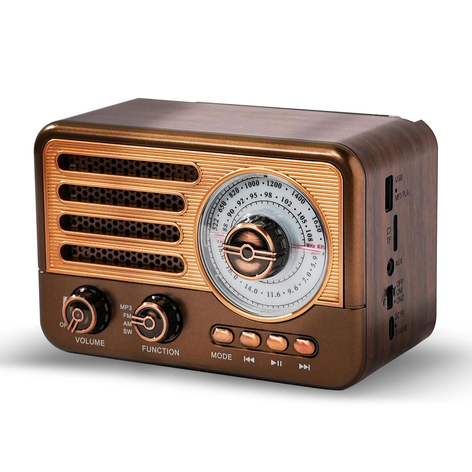 Retro-Transistorradio, batteriebetriebenes AM-FM-SW-Radio, kleines wiederaufladbares tragbares Radio mit 1800 mAh Lithium-Ionen-Akku, unterstützt TF-Karte/Aux/USB-MP3-Player