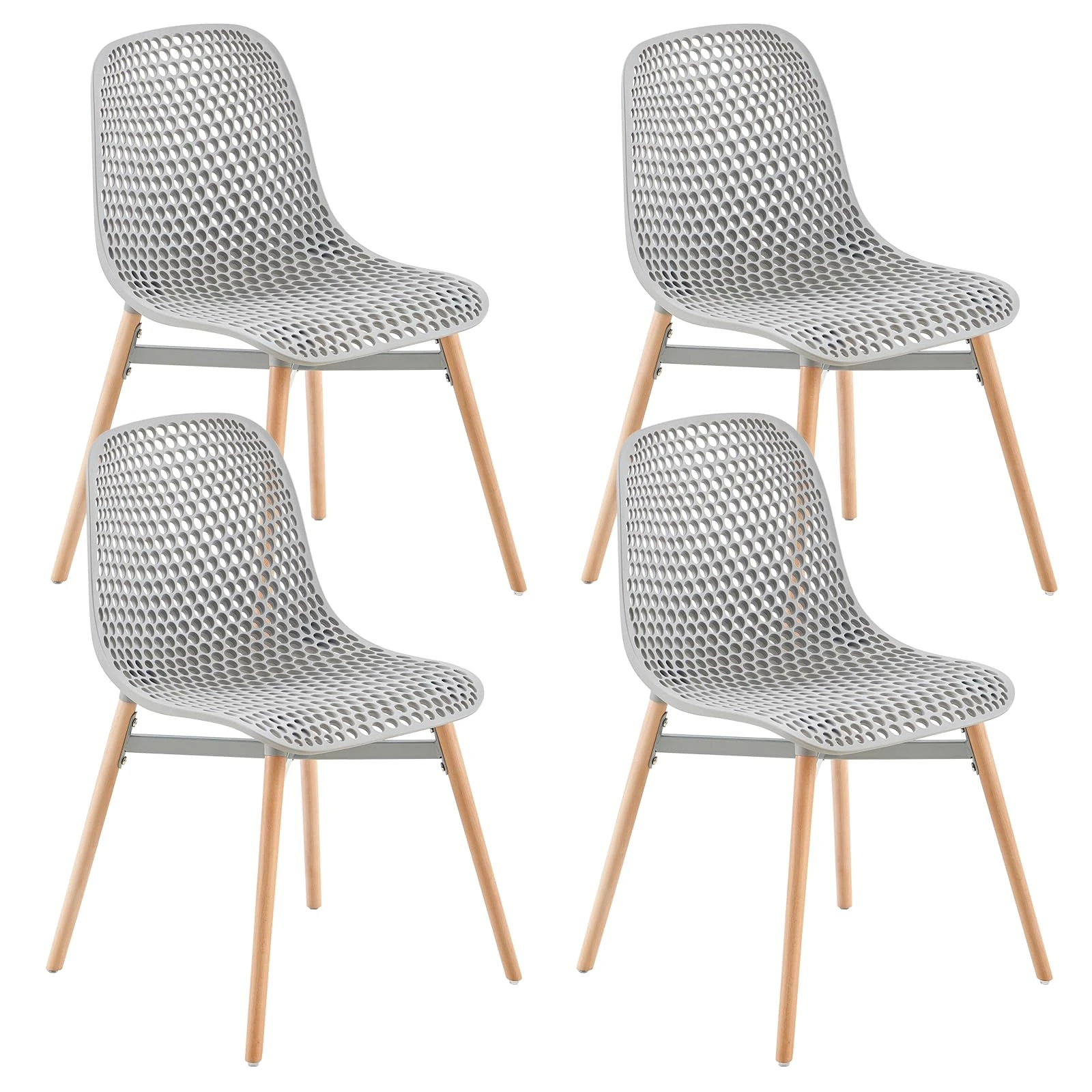 U2PICK Set of 4 Plastic Dining Chairs, Contemporary Lounge Armless Chairs with Wooden Legs, Max Weight up to 150kg/330lbs, Dining Home Office Gray