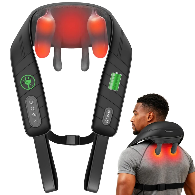 COMFIER Cordless Neck Massager with Heat, 4D Kneading Neck and Shoulder Massager Deep Tissue, 2 Heating Levels,Gifts for Mom Dad