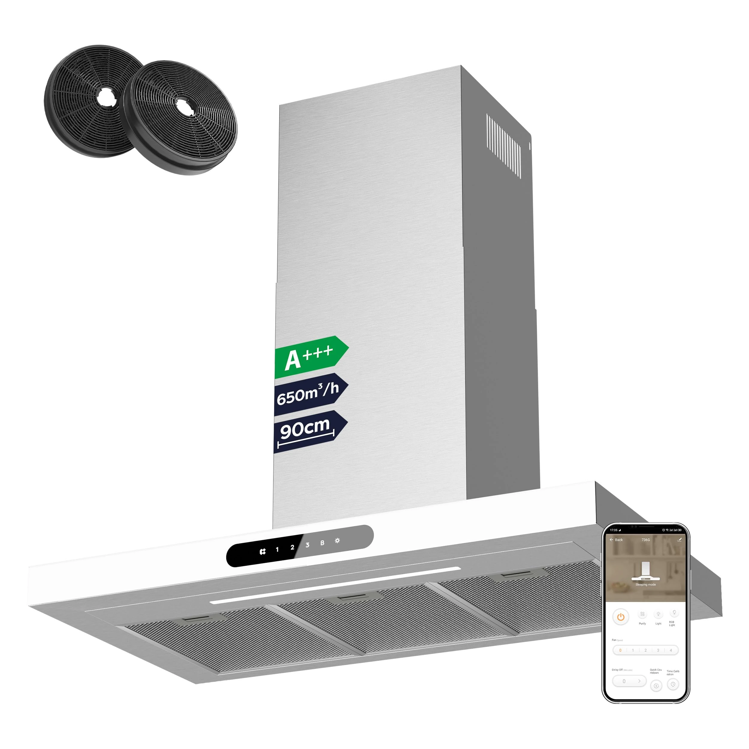 CIARRA CBCW9102 Cooker Hood 90cm Wi-Fi App Touch Control with CBCF003 Carbon Filters Chimney Vent Hood 900mm with Dimmable LED Lights Ducting&Recirculating Kitchen Extractor Fan-White