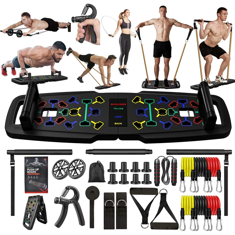 22-in-1 Home Gym Equipment, Portable Push Up Stands Press Up Board Handles for floor Home Gym Systems with 36 Gym Accessories, Resistance Band Bar,Abdominal Rollers