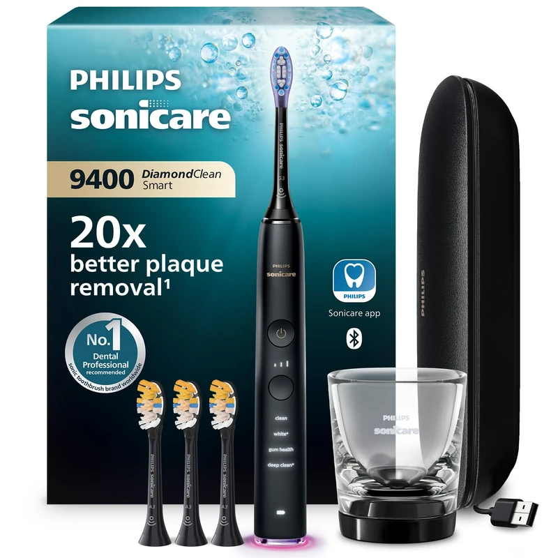 Philips Sonicare DiamondClean Smart 9400 Electric Toothbrush, Sonic Toothbrush with App, Pressure Sensor, Brush Head Detection, 4 Brushing Modes and 3 Intensity Levels, Black, Model HX9918/89