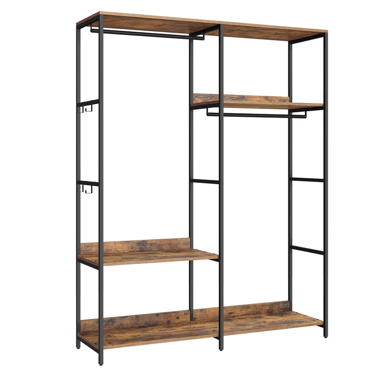 SONGMICS Portable Clothes Wardrobe, Foldable Closet, Clothes Rack Freestanding, Closet Organiser, with Hanging Rods, Storage Shelves, Removable Hooks, 40 x 118 x 181 cm, Rustic Brown RGR025B01