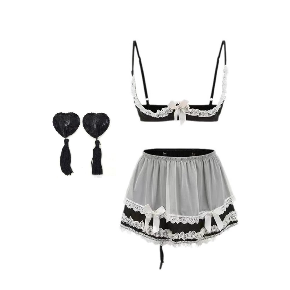 mini kitty Lingerie Set for Women Strappy Adjustable Half Cup Naughty Bra and Panties Set with Nipple Covers Suspender and Garter Belt Nightwear Nightdress for Cosplay Honeymoon