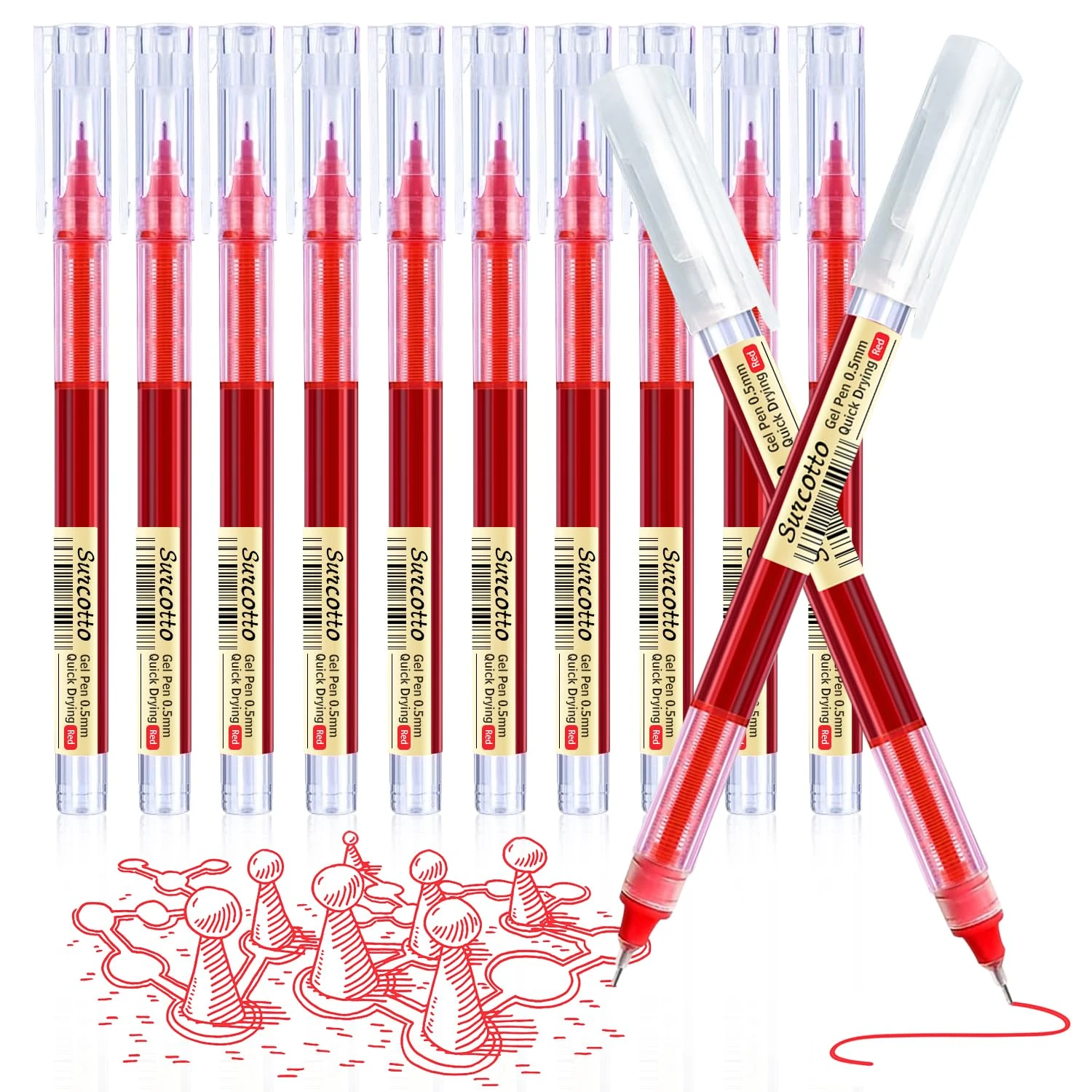 Surcotto Gel Pens, 12pcs 0.5mm Red Gel Ink Pens, Ultra-Fast Drying, Gel Pen for Writing, Drawing, and Outlining, Red Pens for Student, office worker etc.