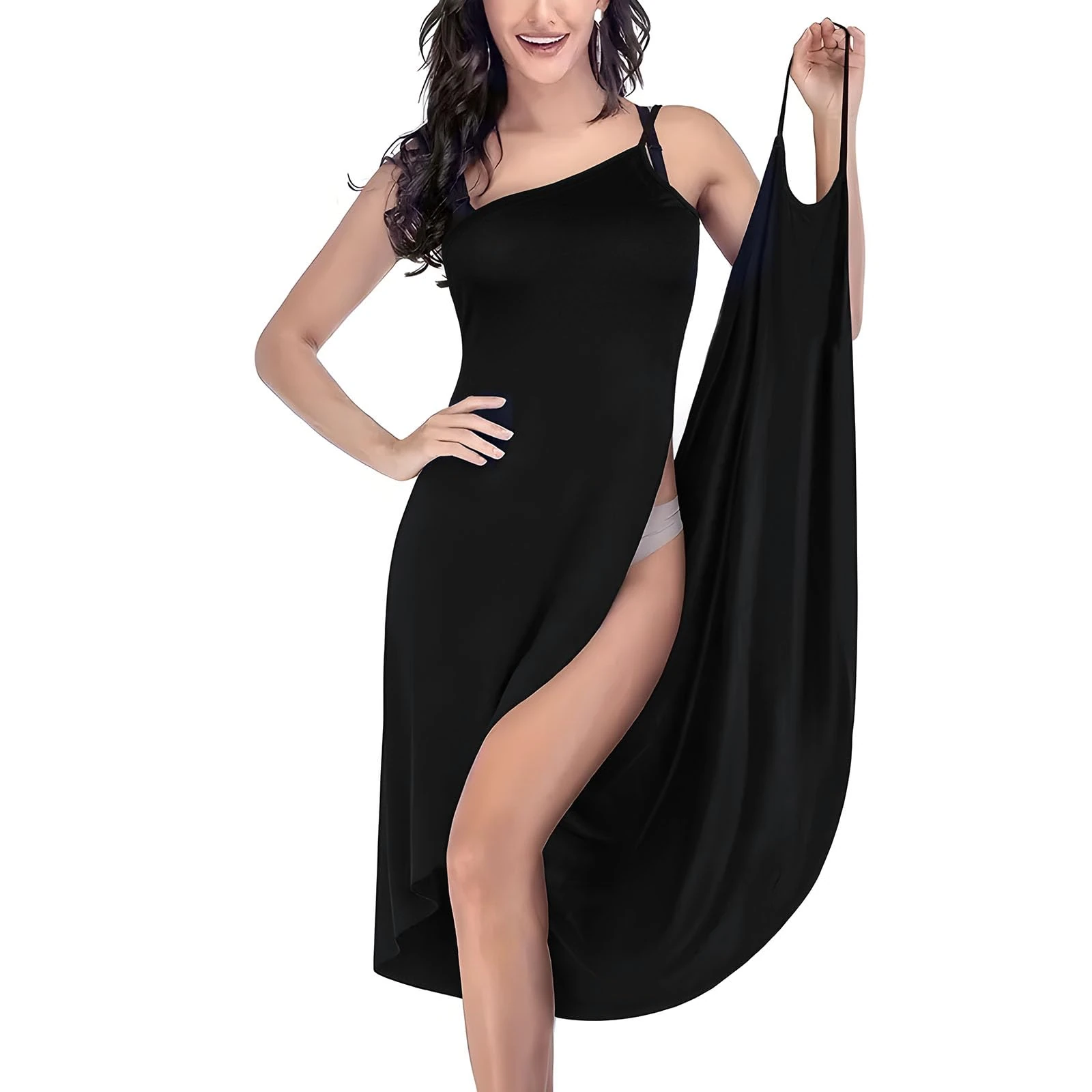 Aomig Sarong Spaghetti Strap Swimwear Wrap, Large Size Bikini Wrap Spaghetti Strap Beach Swimwear Dress, Holiday Long Beach Dresses Towel, Womens Sarong Swim Cover Up, Long Swimwear Cover Up(Black)