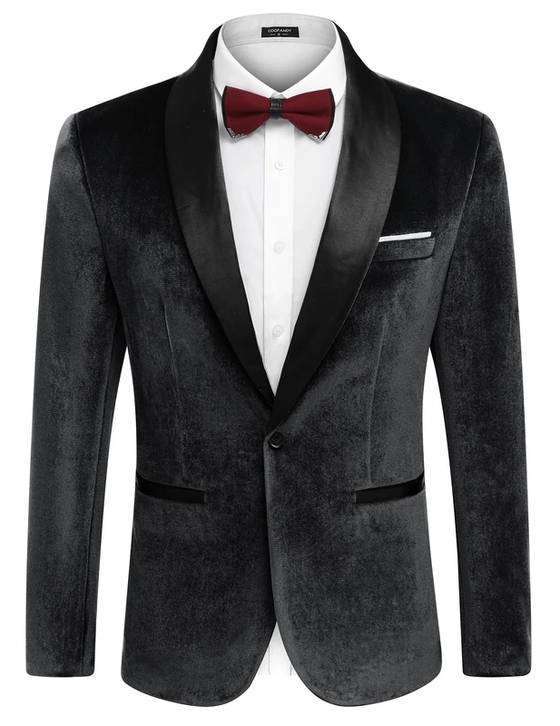 Coofandy Men's Velvet Blazer One Button Jacket Dinner Prom Wedding Tuxedo Jacket, Black, M