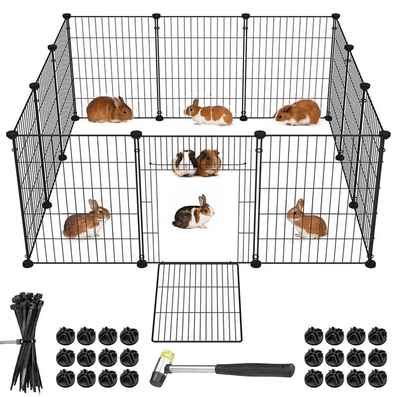 BAKAJI Customizable Metal Fence with Door for Small Pets, Guinea Pigs, Hamsters, Rabbits, Chinchillas, Indoor and Outdoor (110 x 75 x 49)