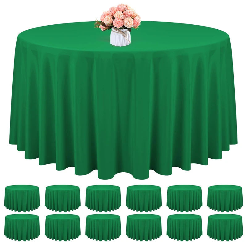 REWOMC 12 Pack Round Tablecloth 120 Inch - Green Polyester Tablecloth for Round Table, Premium Green Tableclothes Washable Fabric Table Cover for Wedding Party Banquet Restaurant Reception Dining