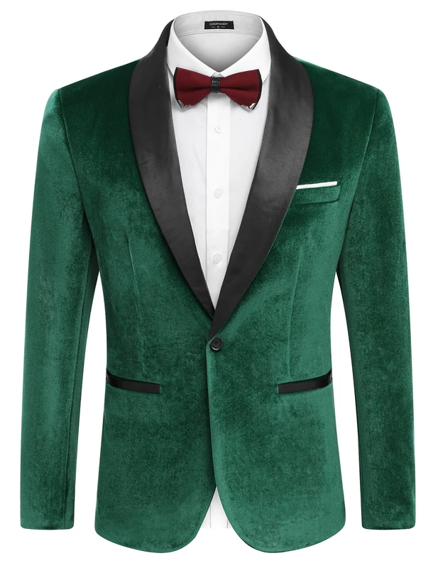 Coofandy Men's Velvet Blazer One Button Jacket Dinner Prom Wedding Tuxedo Jacket, Lack Green, M