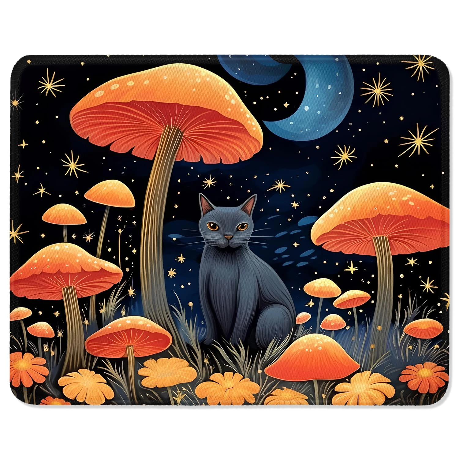 ITNRSIIET Mouse Pad with Stitched Edges, Premium-Textured Mouse Mat Pad, Non-Slip Rubber Base Mousepad for Gaming Laptop Computer & PC 260×210×3mm,Cat and Mushroom
