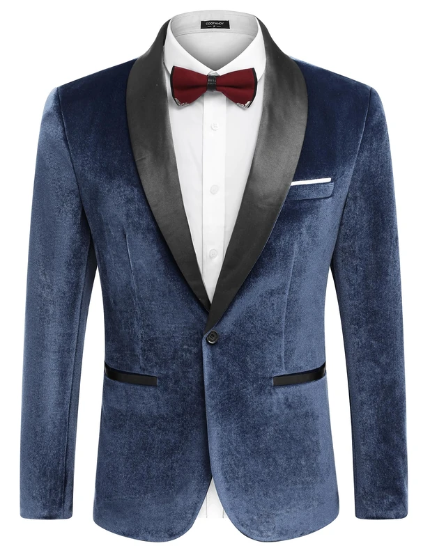 Coofandy Men's Velvet Blazer One Button Jacket Dinner Prom Wedding Tuxedo Jacket, Navy Blue, XL