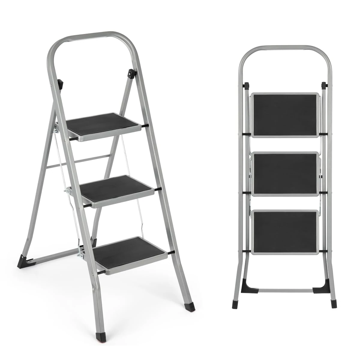 3 Step Ladder | Portable Folding Ladders | Lightweight Sturdy Steel Ladder | Anti Slip Feet | Non-Slip Safety Treads | Easy to Store Step Stool | DIY Gardening Kitchen Garage | 150kg Capacity, Grey