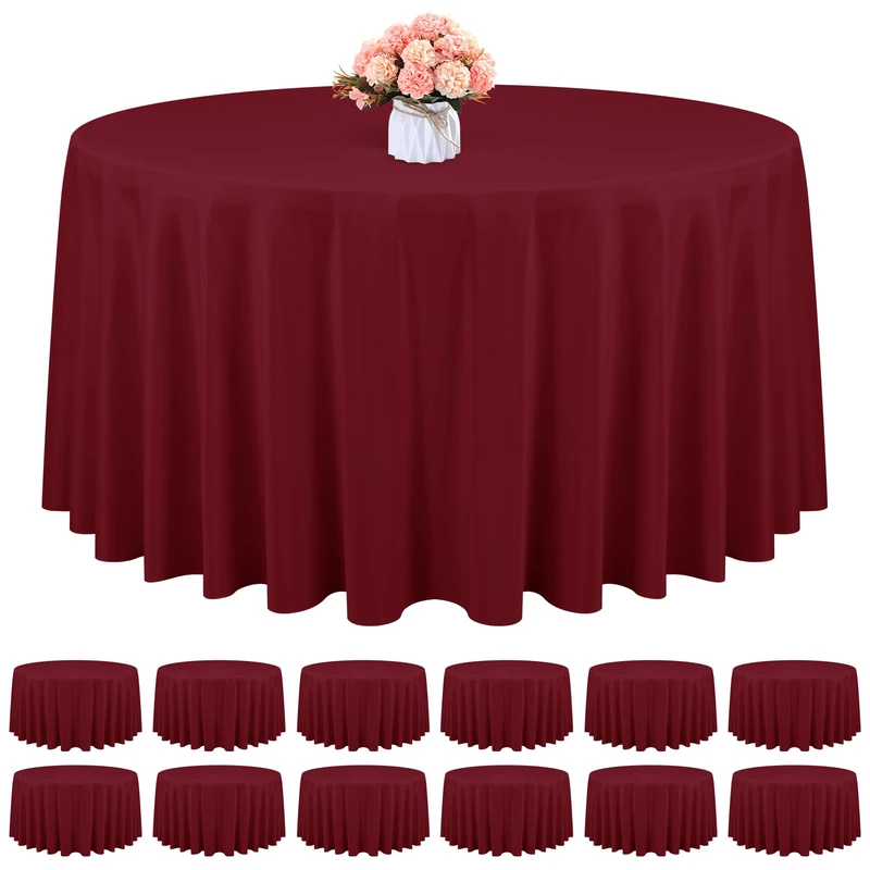 12 Pack Round Tablecloth 120 Inch - Burgundy Polyester TableCloth for Round Table, Premium Burgundy Tableclothes Washable Fabric Table Cover for Wedding Party Banquet Restaurant Reception Dining