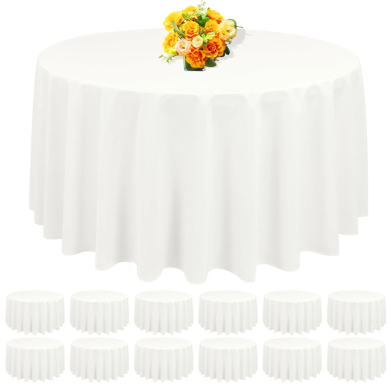 REWOMC 12 Pack Round Tablecloth 90 Inch - Ivory Polyester Table Cloth for Round Table, Premium Ivory Tableclothes Washable Fabric Table Cover for Wedding Party Banquet Restaurant Reception Dining