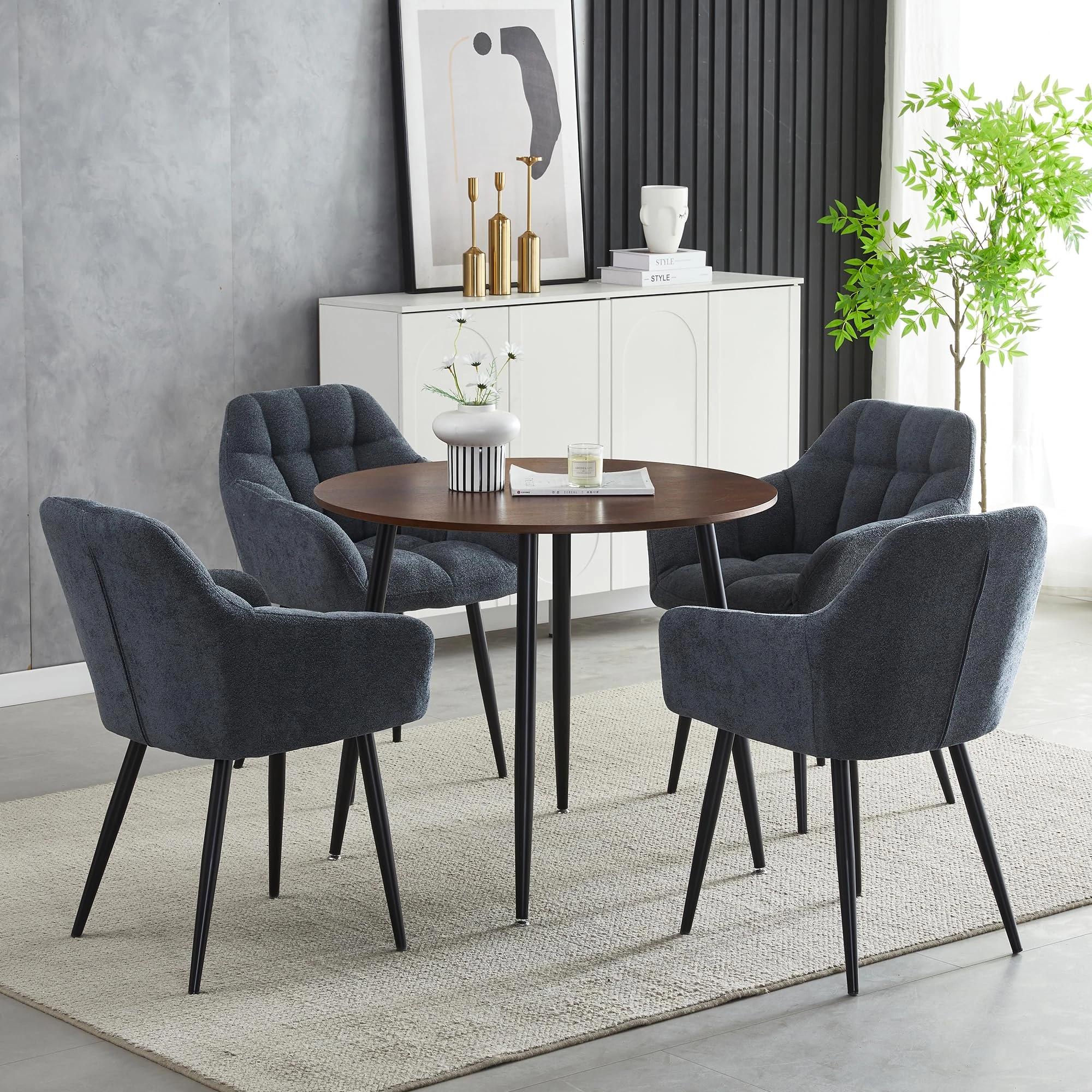 Homcasa Round Dining Table and Dining Chairs Set 4, Walnut Effect Dining Table and Armchairs Set of 4, Small Dining Room Set for Home Kitchen Office Meeting Café (Grey, Table with 4 chairs)