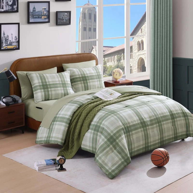 Plaid Queen Comforter Set Green 7 Pieces Bed in a Bag for Boys Girls Teen