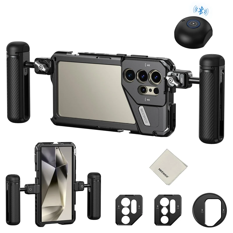 NEEWER PA042 S24 Ultra Phone Cage Video Rig Stabilizer with PA045S Quick Release Side Handle, PA045E Bluetooth Shutter Handle, 67mm Filter Adapter, 17mm Lens Backplate, T Mount Lens Adapter, Wipe