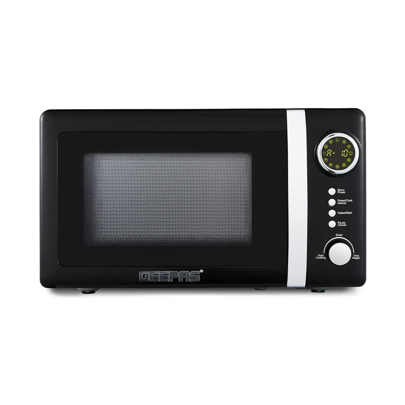 GEEPAS 700W Digital Freestanding Microwave Oven, 20L | Electric Oven with Auto Defrost Child Lock | 12 Preset Rotary Dial Easy Clean Fits Standard Dinner Plate Compact Countertop | Retrovive Black