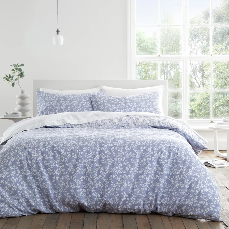 Bianca Shadow Leaves 200 Thread Count Cotton Super King Duvet Cover Set with Pillowcases French Blue