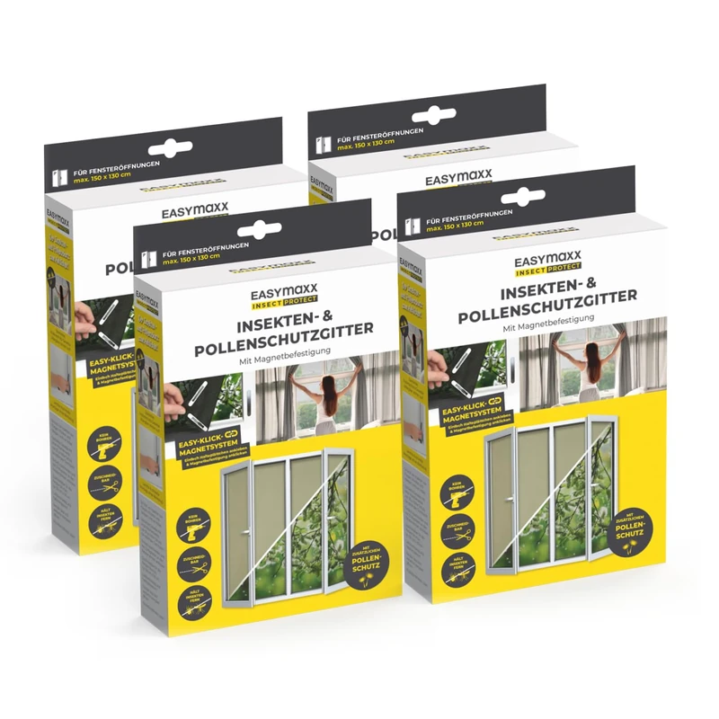 EASYmaxx Insect Protect insect & pollen screen | with magnetic attachment | fly screen window | pollen screen | for windows up to 130 x 150 cm [4 Pieces]