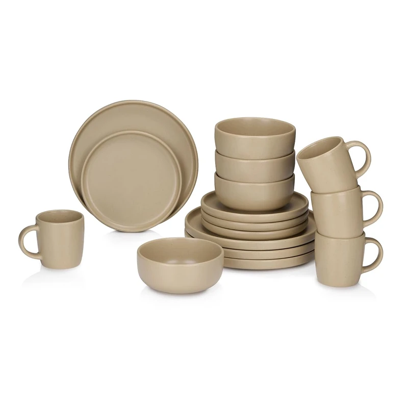 alpina 16-Piece Dinnerware Set - 4 Person Place Setting - Stoneware Dinnerware - Breakfast Plates, Dinner Plates, Bowls, and Mugs - Microwave and Dishwasher Safe - Sand
